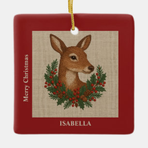 Ornement En Céramique Broderie rustique Deer & Holiday Greens noël