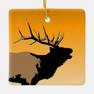 Ornement En Céramique Brouillonnant Bull Elk au coucher du soleil Art or