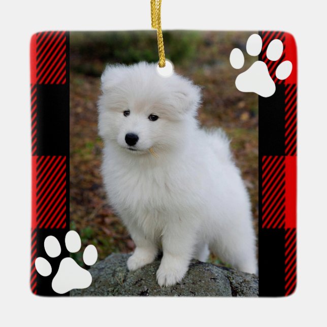 Ornement En Céramique Buffalo Plaid Custom Chien Photo Animal (Devant)