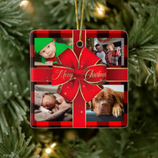 Ornement En Céramique Buffalo Plaid Joyeux Noël Bow Photo Collage