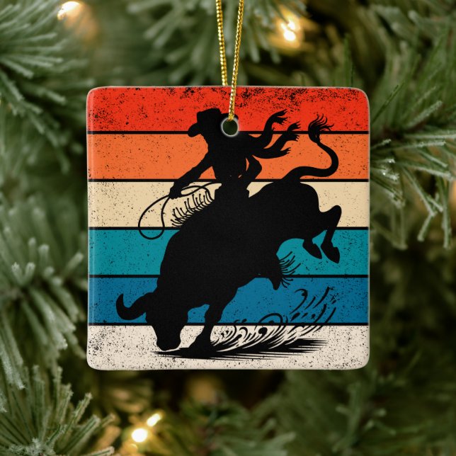 Ornement En Céramique Bull Riding Rodeo Bull Riders Western Ranch Retro (Arbre)