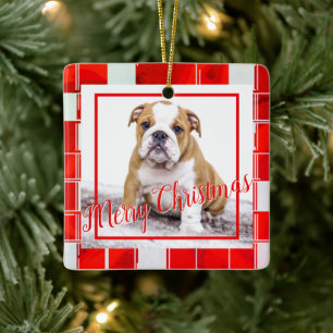 Ornement En Céramique Bulldog à carreaux rouges Photo Joyeux Noël 