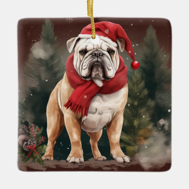 Ornement En Céramique Bulldog à Noël de neige (Devant)