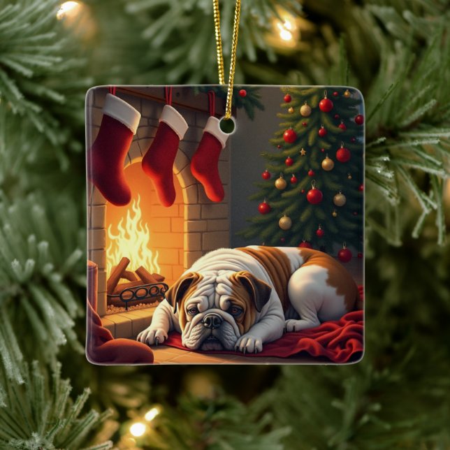 Ornement En Céramique Bulldog by the Fireplace Christmas Painting (Arbre)
