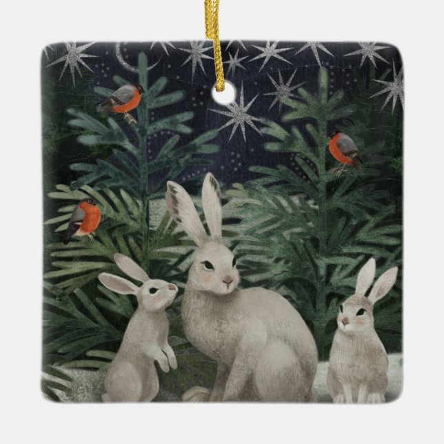 Ornement En Céramique Bunnies De Neige De Vacances, Personnalisé (Devant)