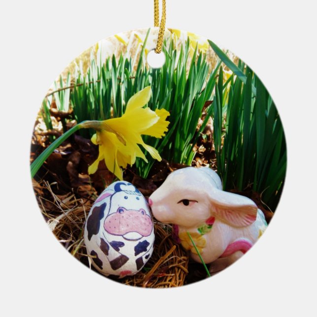 Ornement En Céramique Bunny de Pâques embrasser Oeuf de vache (Devant)