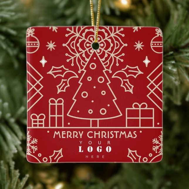 Ornement En Céramique Business Company logo Merry Christmas Red Gold Art (Créateur téléchargé)