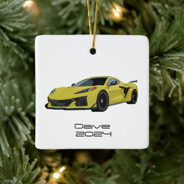 Ornement En Céramique C8 Corvette Sports Voiture Main Jaune Tirée (Arbre)