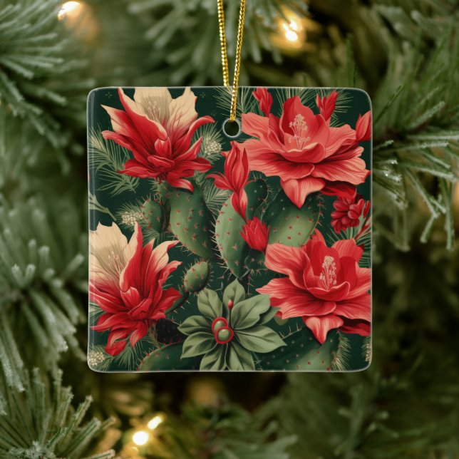 Ornement En Céramique Cactus Kisses & Christmas Wishes A Square Ornament (Arbre)