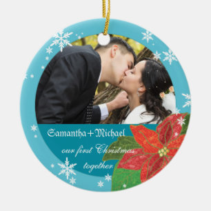 Ornement En Céramique Cadeau de Noël du couple de mariage de poinsettia
