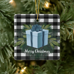 Ornement En Céramique Cadeau de Noël Plaid Buffalo Vacances bleues