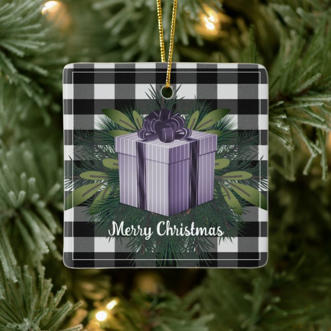 Ornement En Céramique Cadeau de Noël Plaid Buffalo | Vacances pourpres (Arbre)