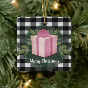 Ornement En Céramique Cadeau de Noël Plaid Buffalo Vacances roses