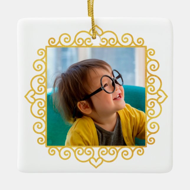 Ornement En Céramique Cadeau Gold Heart Photo Cadeau personnalisé Noël (Devant)