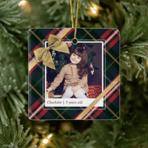 Ornement En Céramique Cadeau Rouge Plaid Enveloppé & Bow Or Photo Prés