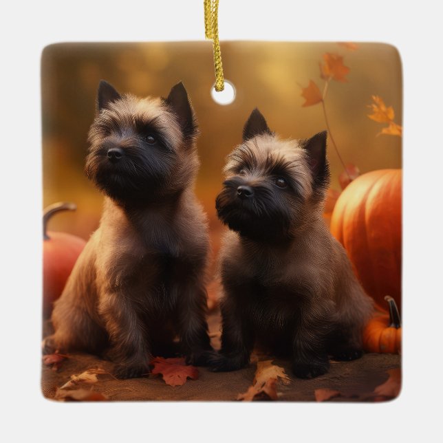 Ornement En Céramique Cairn Terrier Chiot Automne Citrouille de plaisir (Devant)