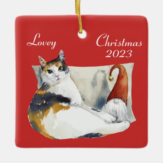 Ornement En Céramique Calico Cat Gnome thème Noël aquarelle Cerami (Devant)