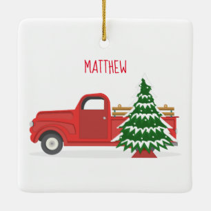 Ornement En Céramique Camion rouge vintage avec sapin de Noël