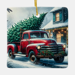 Ornement En Céramique Camion vintage avec arbre de Noël Personnalisé