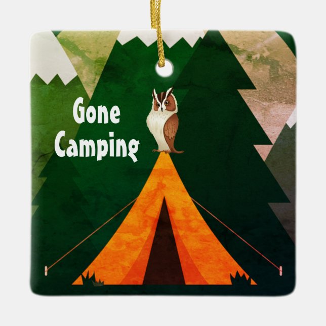 Ornement En Céramique Camping personnalisé ~Tente et hibou Noël (Devant)