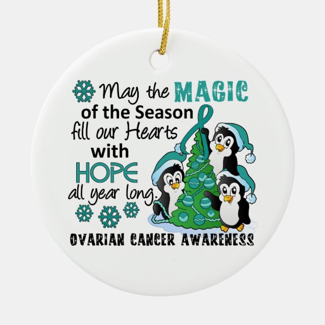 Ornement En Céramique Cancer ovarien de pingouins de Noël (Devant)