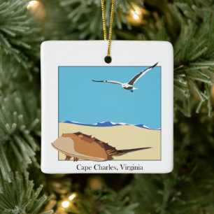 Ornement En Céramique Cape Charles, VA Horseshoe Crab Sea Gull Beach