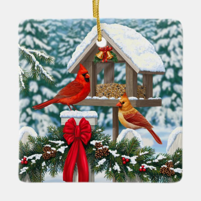 Ornement En Céramique Cardinaux et nourriciers d'oiseaux de Noël (Devant)