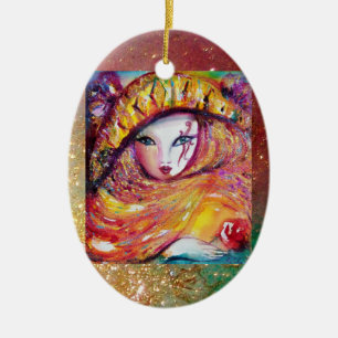 ORNEMENT EN CÉRAMIQUE CARNAVAL EN JAUNE D'OR AVEC ROSE ROUGE