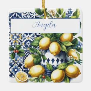 Ornement En Céramique Carrelage bleu italien et citrons   votre nom