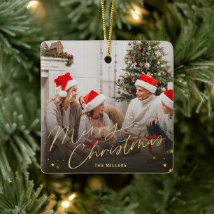 Ornement En Céramique Carte de vœux de Noël famille photo joyeux Noël or