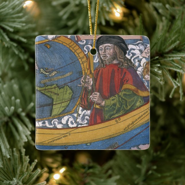Ornement En Céramique Carte des Amériques avec Explorer Amerigo Vespucci (Arbre)