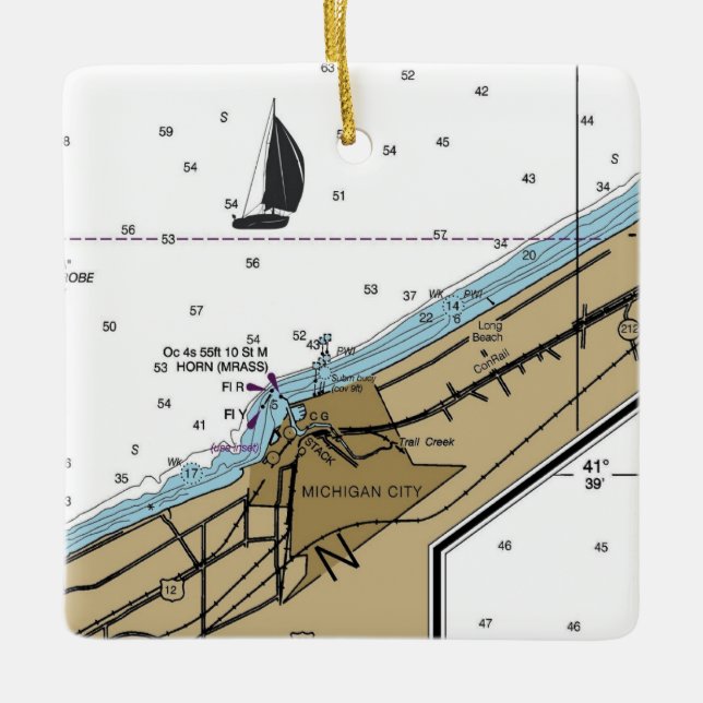 Ornement En Céramique Carte marine de Michigan City Indiana (Devant)