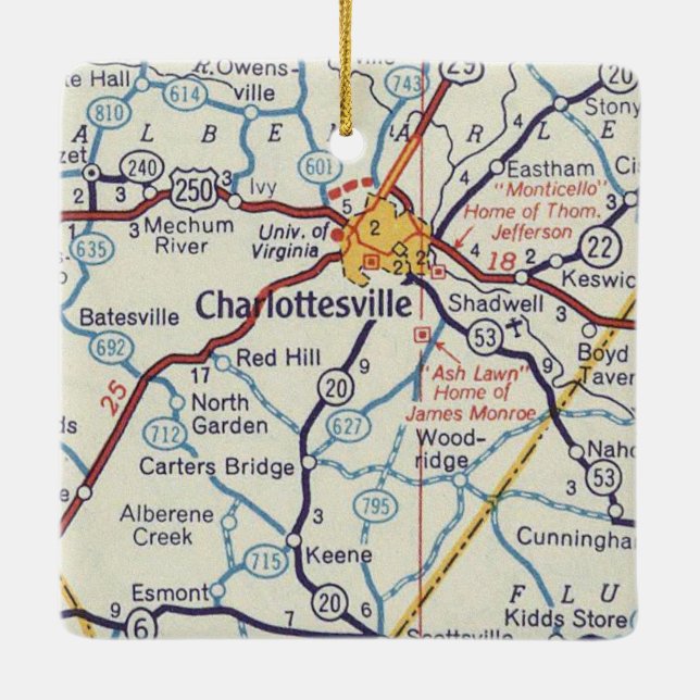 Ornement En Céramique Carte Vintage de Charlottesville VA (Dos)
