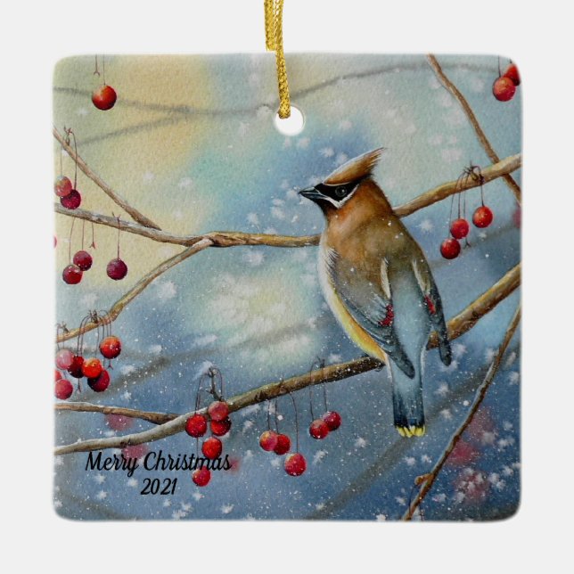Ornement En Céramique Cèdre d'hiver cire Oiseau et baies Aquarelle Art (Devant)
