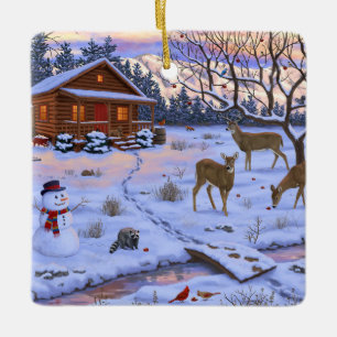Ornement En Céramique Cerf Cabine D'Hiver Dans La Scène De Noël De Neige
