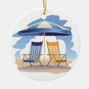 Ornement En Céramique Chaises et parapluie de plage rayés bleus et