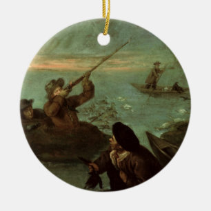 Ornement En Céramique Chasseurs tirant aux canards (huile sur la toile)