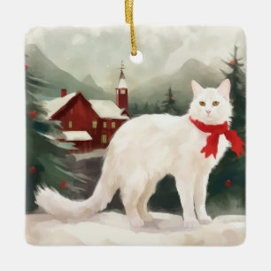 Ornement En Céramique Chat Angora turc en Noël de neige