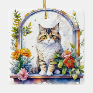 Ornement En Céramique Chat aquarelle dans la fenêtre florale Personnalis