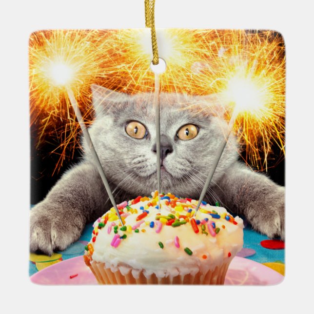 Ornement En Céramique Chat Avec Cupcake Sparkler (Devant)