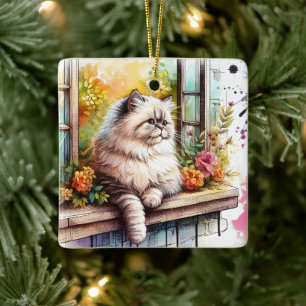 Ornement En Céramique Chat beige perse en fenêtre avec Fleur aquarelle