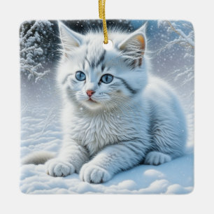 Ornement En Céramique Chat blanc mignon jouant dans le Noël de neige