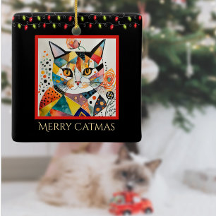 Ornement En Céramique Chat d'art avec lumières de Noël Joyeux Catmas Noi