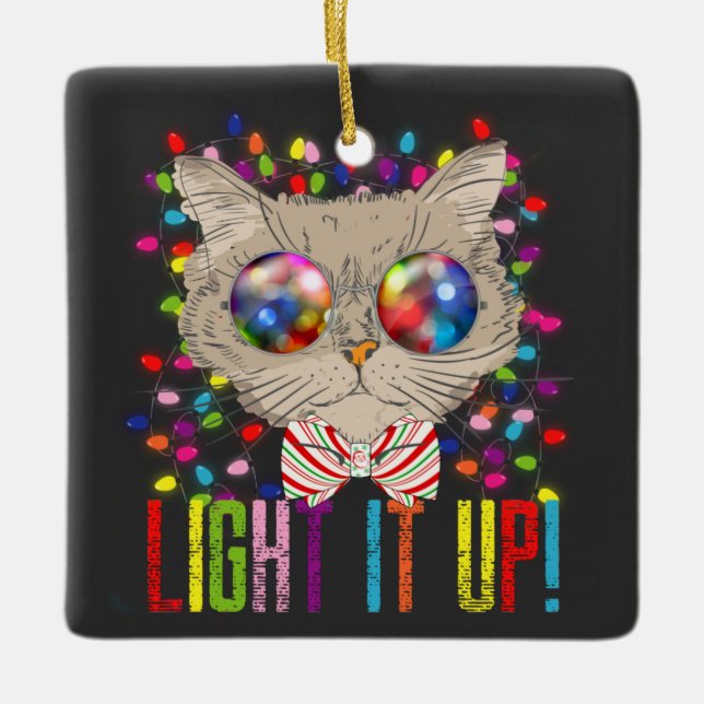 Ornement En Céramique Chat de Noël mignon et Cool avec lumière et cerami (Devant)