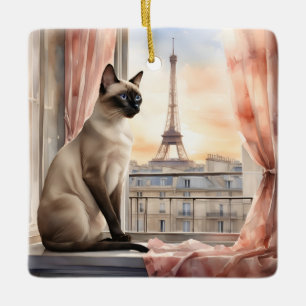Ornement En Céramique Chat de Siamese Relaxant sur la Fenêtre Parisienne