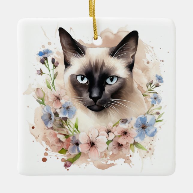 Ornement En Céramique Chat Et Fleurs Siamois Aquarelle (Devant)