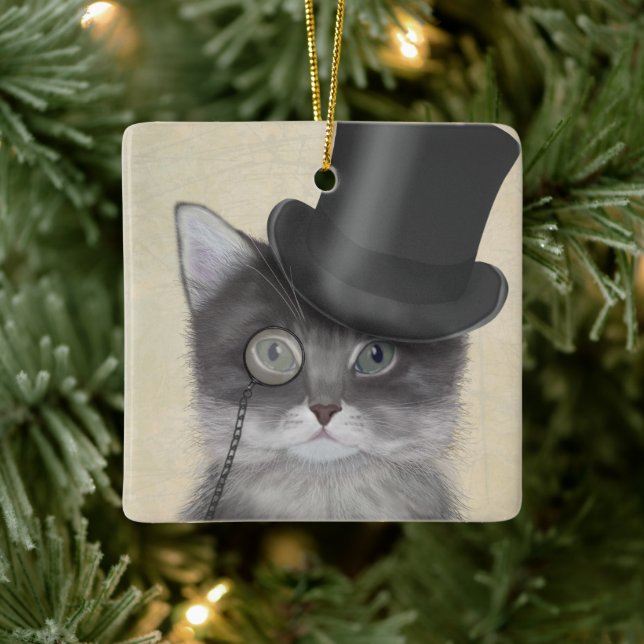 Ornement En Céramique Chat gris avec chapeau supérieur (Arbre)