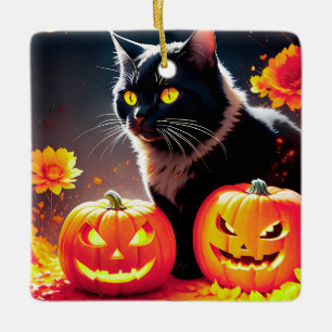 Ornement En Céramique Chat magique noir avec Citrouille