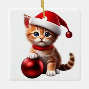 Ornement En Céramique Chat mignon avec Casquette de Noël et balle rouge 