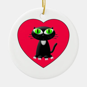 Ornement En Céramique Chat noir dans le coeur rouge